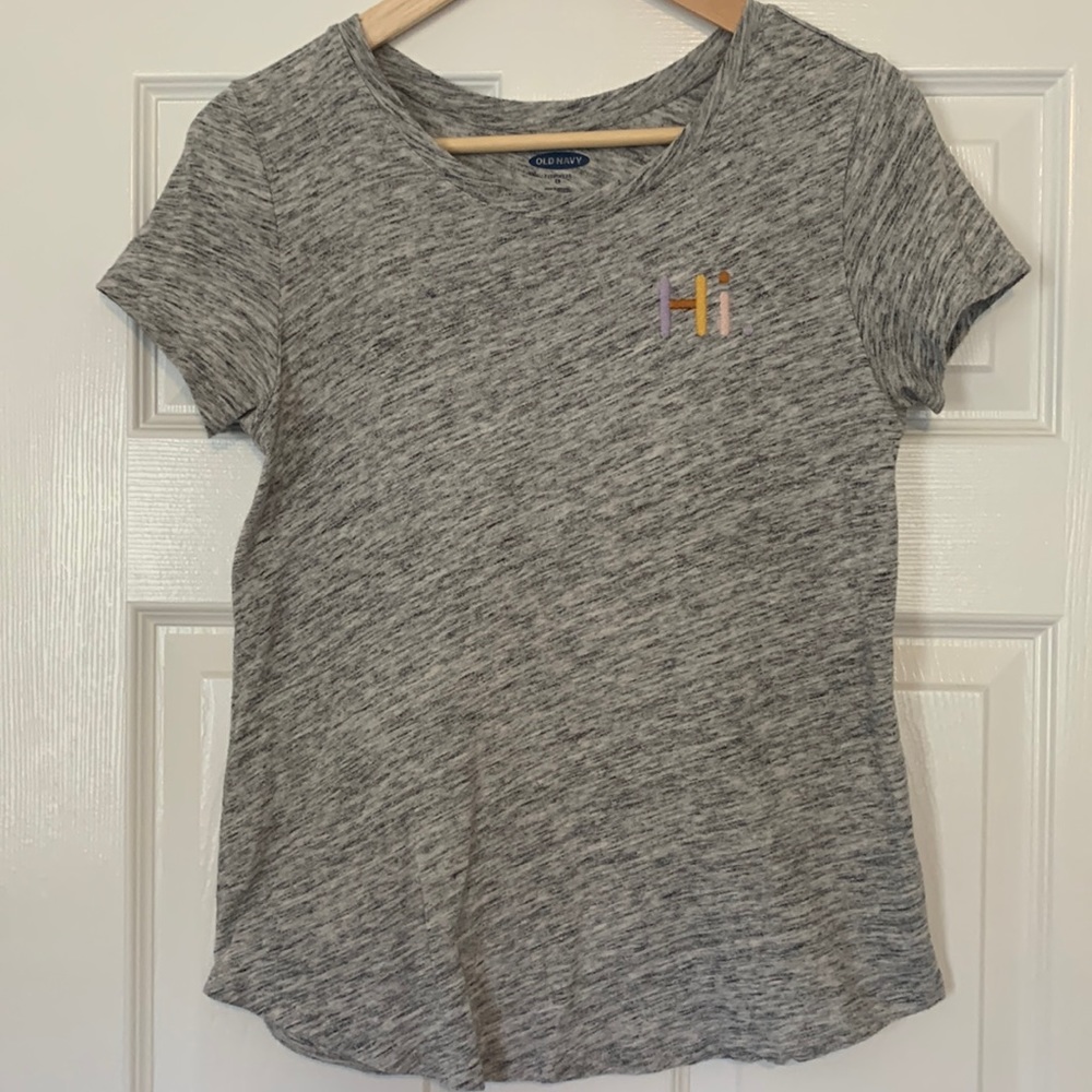 Old Navy Short Sleeve T-Shirt, Gray, Embroidered “Hi”